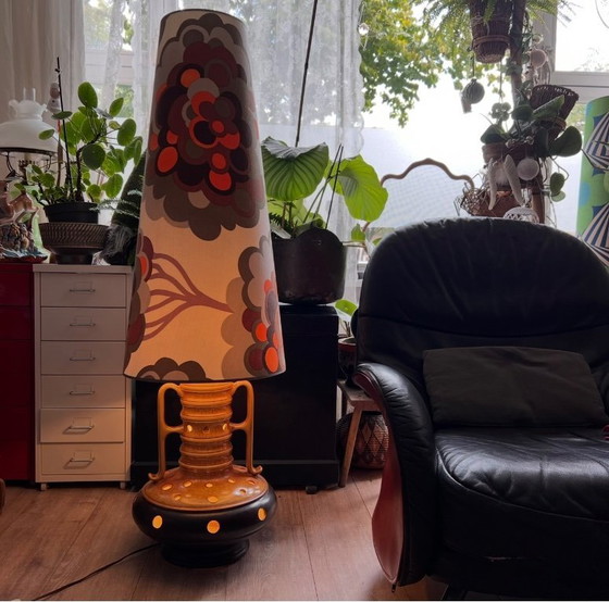 Image 1 of Vintage ceramic floor lamp with floral shade, west Germany style 