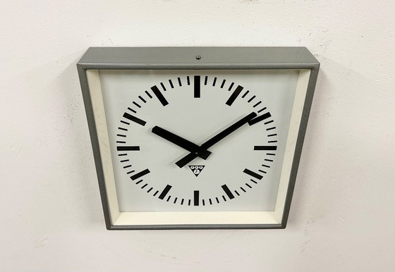 Image 1 of Grey Industrial Square Wall Clock from Pragotron, 1970s