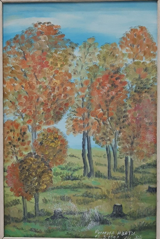 Vintage signed oil painting on fiberboard, autumn trees