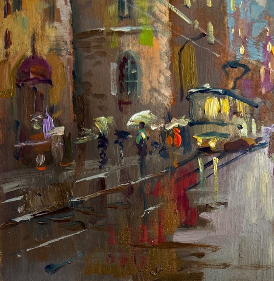 Image 1 of Original Oil Painting Gloomy City Landscape Dynamics of urban life