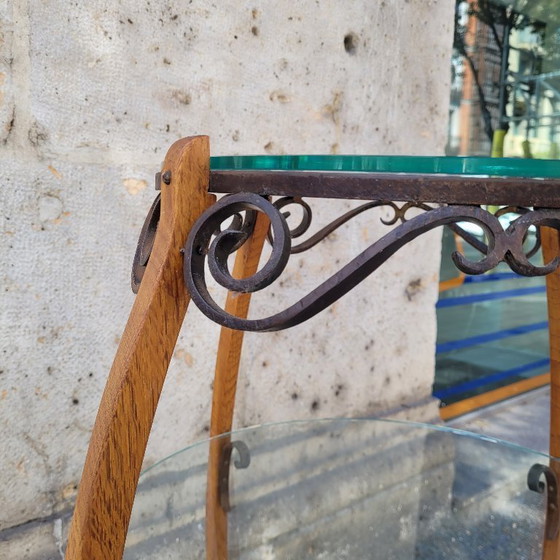 Image 1 of Guéridon en chêne, fer forgé et verre, style milieu du XXe siècle, années 1950 – France