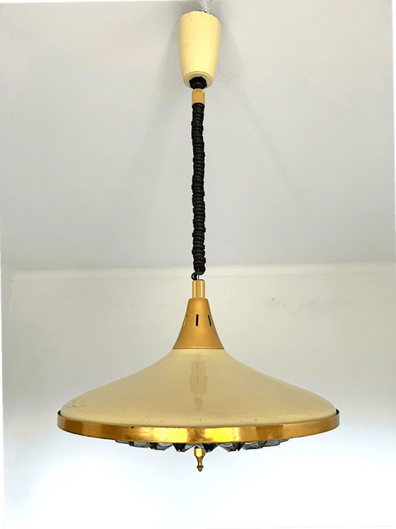 Mid Century Modern Retractable Metal And Pressed Glass Pull Down Pendant Lamp, 1960s-70s (photo 9 of 15)