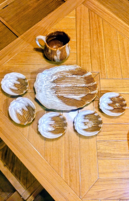 Vintage majolica serveerset in maïskolfmotief – Italica Ars Firenze voor Peasant Village – jaren 1960/1970 –