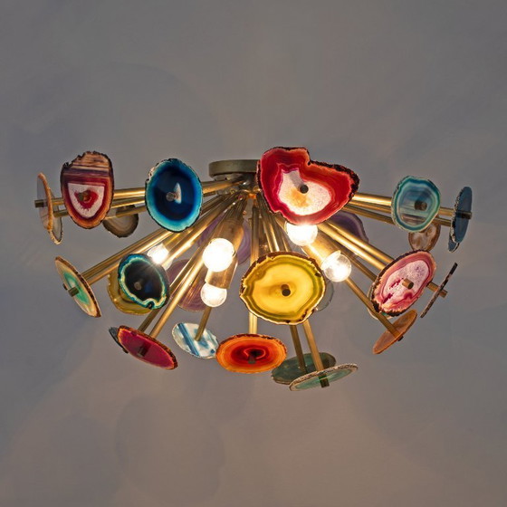 Image 1 of Plafonnier « Sputnik » de conception italienne avec sections en pierre d'agate et laiton