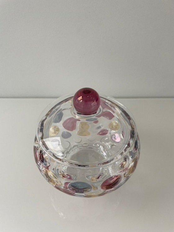 Image 1 of Decorative glass jar with colorful polka dots design
