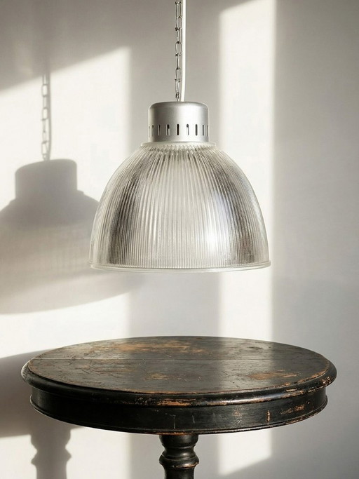 Industrial pendant light in prismatic glass, Holophane type, Thorn, 1998