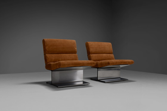 Image 1 of Très rare paire de chaises longues en cuir et acier par Paul Geoffroy pour Uginox, France, années 1970