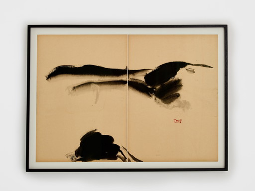 T’ang Haywen signed diptych ink on beige paper 1970
