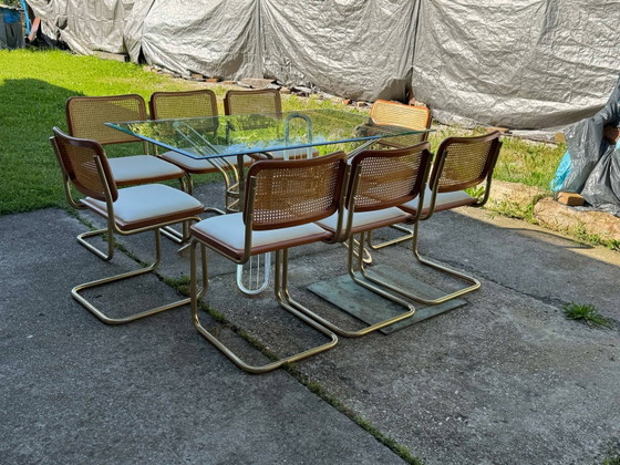 Italian Brass Dining Set with Table and Chairs, 1970s, Set of 9 – Leather, Glass, Hollywood Regency (photo 2 of 7)
