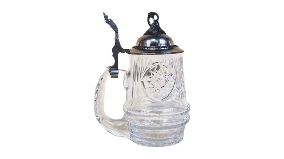 Image 1 of Vintage kristallen bierpul met tinnen deksel – adelaar decor – Duitsland stijl