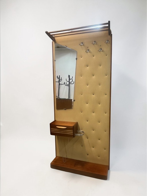 Century Garderobe mit Spiegel & Ablage – 50er 60er Vintage Flurgarderobe Holz Messing Hutablage Rockabilly-Wandgarderobe 