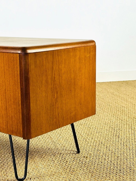Image 1 of Low Scandinavian teak sideboard with 4 doors and hairpin metal legs, 1960