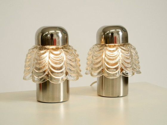 Image 1 of Dos lámparas de mesa grandes y raras de metal y vidrio de la década de 1960, fabricadas por VEB Narva Leuchtenbau.