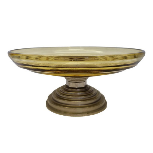 Gele Art Deco schaal op chrome voet