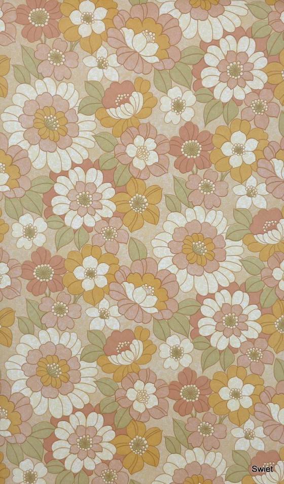 Image 1 of 14291 retro bloemen behang oranje roze groen 