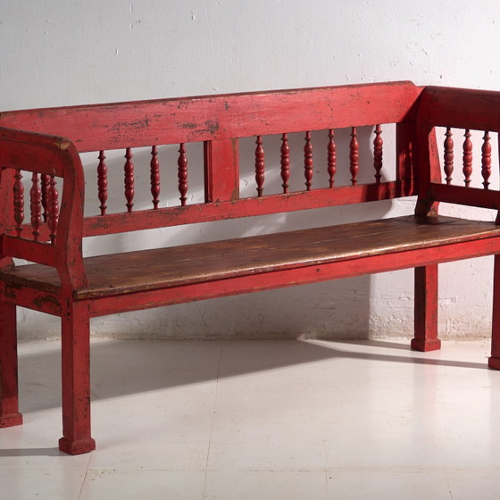 Antique red painted pine bench with turned back – Central Europe, circa 1900 – Benches, Rustic (photo 4 of 40)