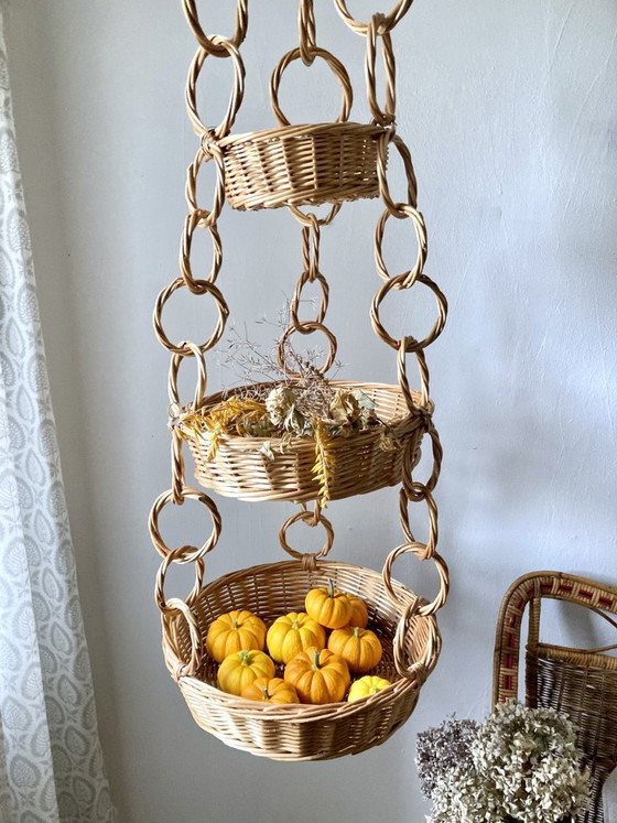 Large Wicker Hanging Basket with Three Tiers, Twisted Ring Chain, Decorative Objects, Beige (photo 10 of 18)