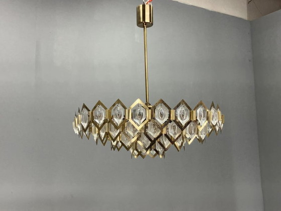 Image 1 of Kronleuchter aus facettiertem Glas, Messing, Jaroslav Bejvl Kamenický Šenov, 1960er Jahre, Tschechoslowakei