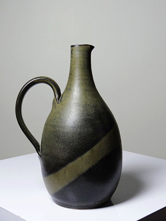 Image 1 of Vintage 1960s-1970s glazed stoneware pear-shaped pitcher/jug
