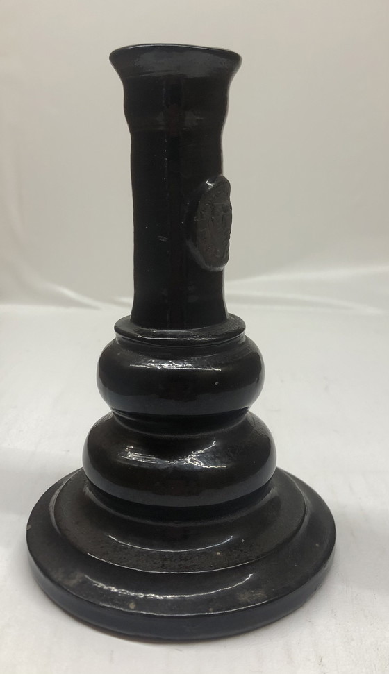 Image 1 of Vintage Black Ceramic Candle Holder Signed AP