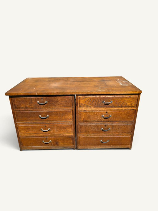 Antieke eikenhouten werkplaatskast met acht laden – ladekasten, Metal, Wood