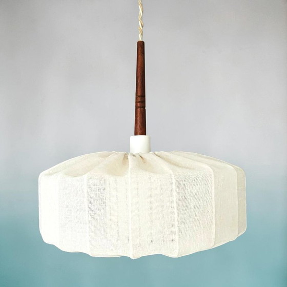 Image 1 of Japandi style wrapped fabric and teak wood hanging lamp shade, Sweden 1950s-60s