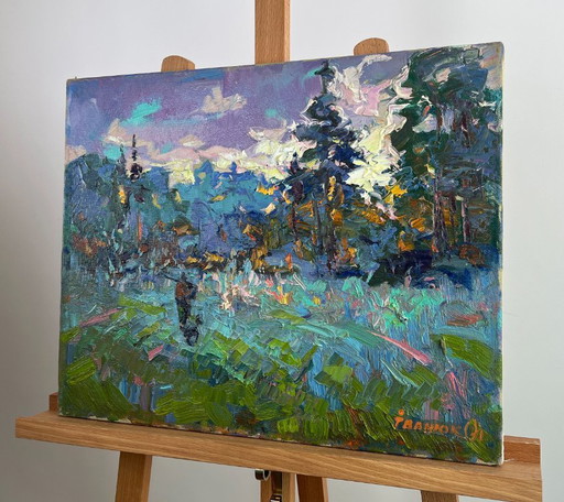 Pintura al óleo original Paisaje natural de verano Plata del rocío matutino