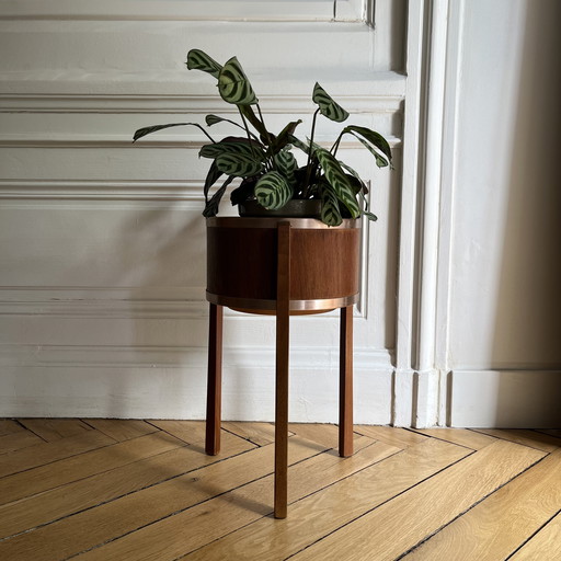 Porte-plante scandinave vintage en teck et cuivre, Suède, années 60