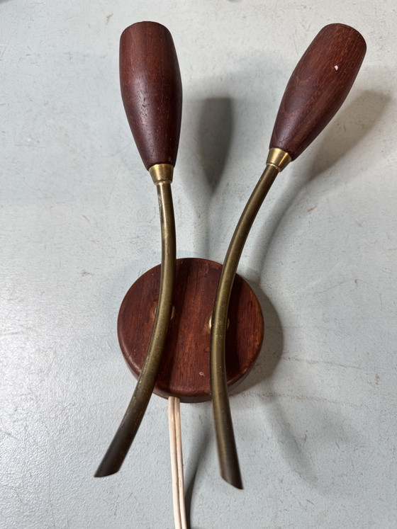 Set of 3 Vintage Mid Century Danish Design Wooden Wall lights – Brass (photo 10 of 11)