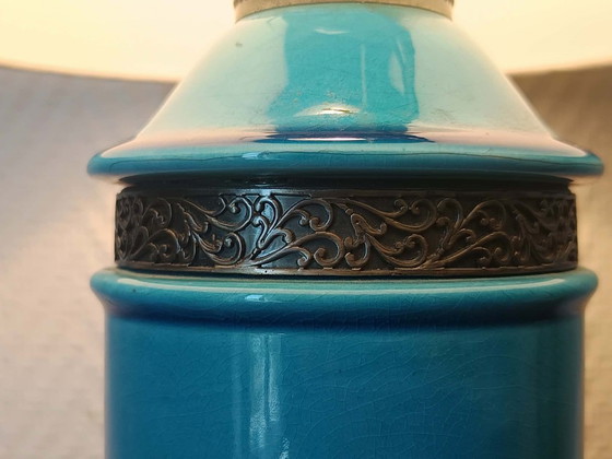 Image 1 of Blue ceramic lamp with claw feet and foliage lampshade