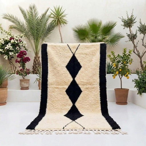 Traditioneller handgeknüpfter Teppich aus reiner Wolle, schwarz-weiß, 2/3 m – Alberto Bazzani, vloerkleden en tapijten, Wool