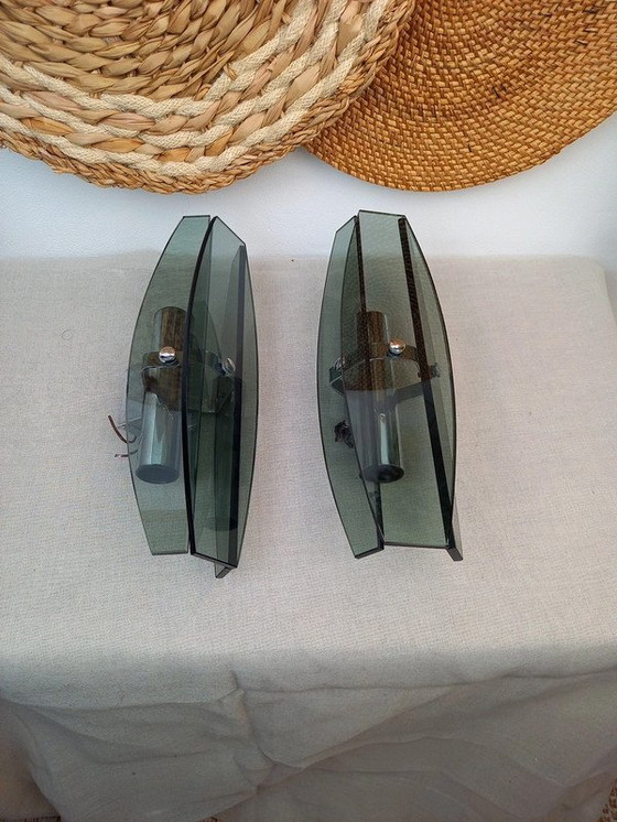 Image 1 of Paar VECA Italiaanse wandlampen voor Fontana Arte - verchroomd staal en kristalglas - jaren '60