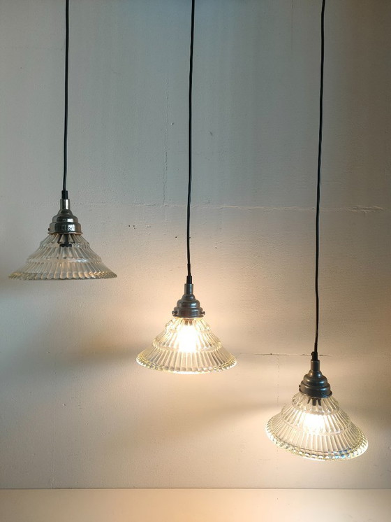 Image 1 of Set of 3 Glass Pendant Lights Holophane Style