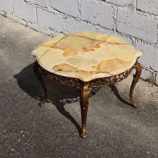 Franse Vintage Onyx Marmer en Bronzen Salontafel - Vintage Cocktailtafel - Ronde Salontafel - Stijl Louis XV - jaren '60