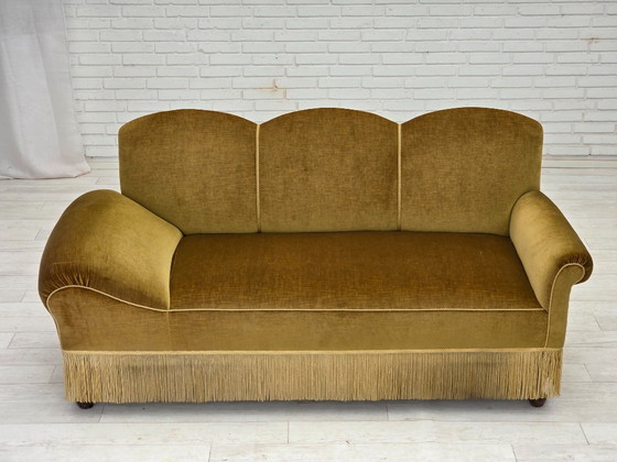 Image 1 of 1950s, 2 seater sofa/daybed, light green furniture velour, ash wood legs.
