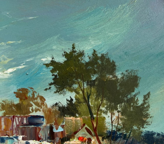 Image 1 of Origineel olieverfschilderij: Landschap met zomerhuisje - Rust op het platteland in de zomer