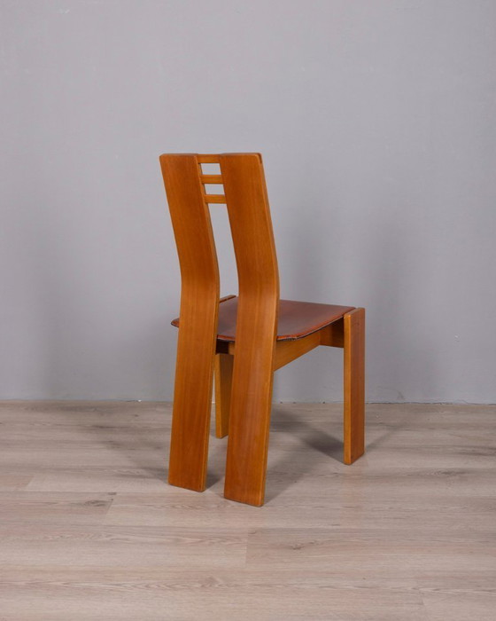 Image 1 of Ensemble de 4 chaises vintage des années 1950 en bois et cuir, design italien