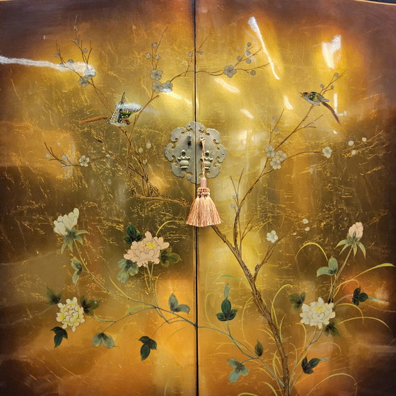 Image 1 of Vintage Chinese cabinet birds, flowers gold leaf bohemian cabinet / oriental cabinet / chinese cabinet