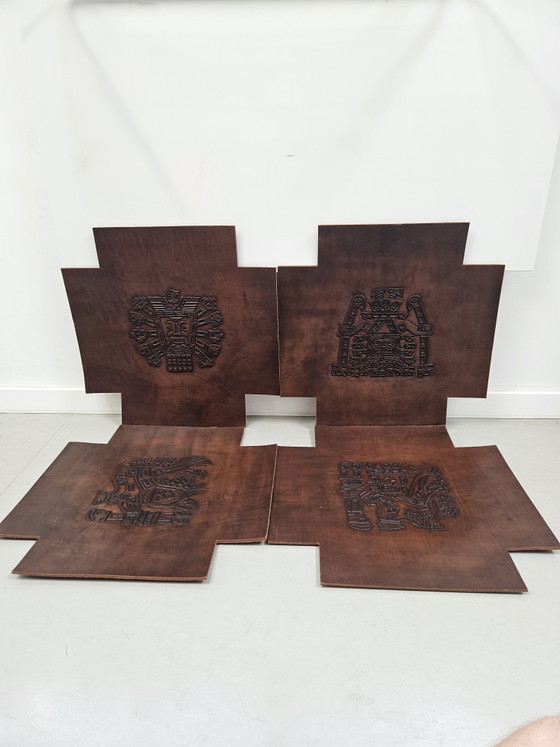 Image 1 of Set van 4 Vintage Leren Wandpanelen/Meubelinzetten Stijl Angel Pazmino 