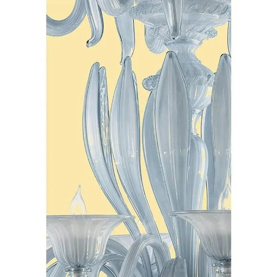 Image 1 of Lampadario in vetro di Murano color azzurro veneziano, stile Mid-Century Modern, con foglie, di Simoeng.