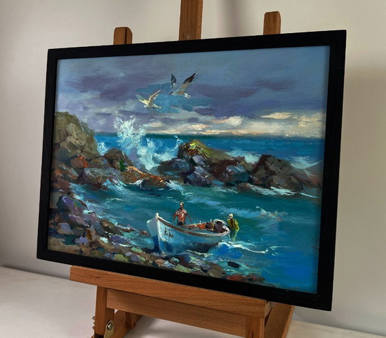 Image 1 of Original Oil Painting Coastal Waves Landscape Seagulls soaring over the endless sea