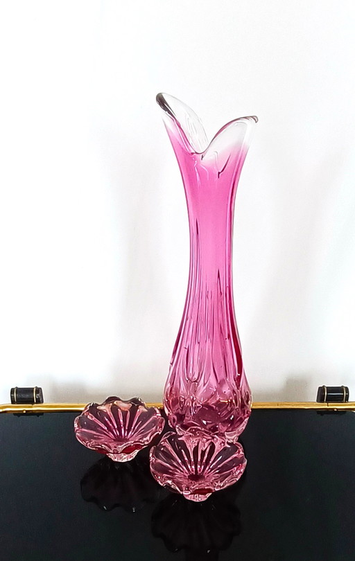 Egermann Große rosa Vase mit zwei rosa Schalen