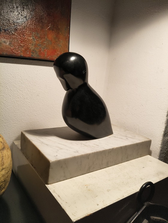 Image 1 of Vintage design modernist black marble sculpture of a stylized abstract bird on a white marble base