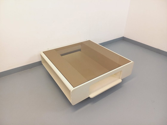 Image 1 of Vintage square coffee table in Space Age style, made of white wood and smoked glass, from the 1970s