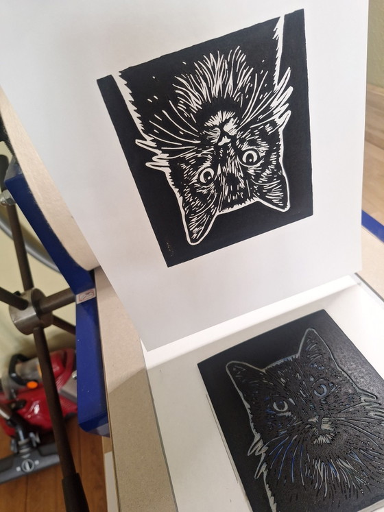 Linogravure 'Black cat' – M. Jasperse, Objets d'art, Papier (photo 5 of 6)