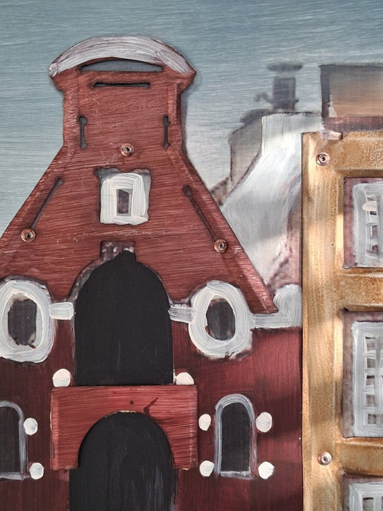 Image 1 of Pittura in metallo 3D delle case sui canali di Amsterdam