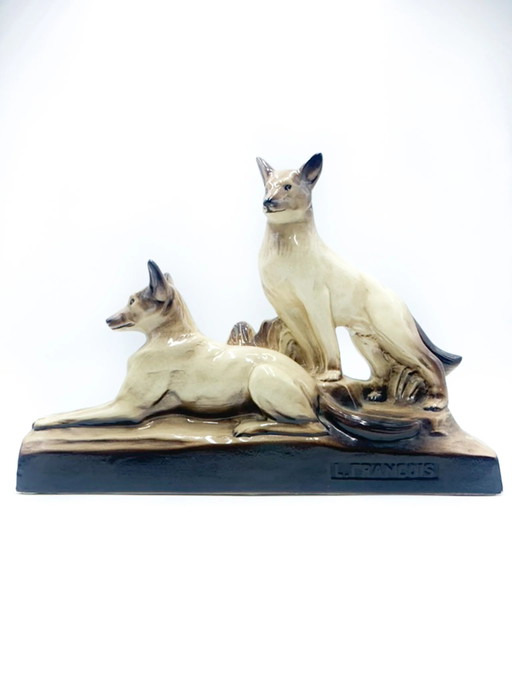 19th Century Ceramic Sculpture of a Pair of Dogs by Louis Francois Laurin