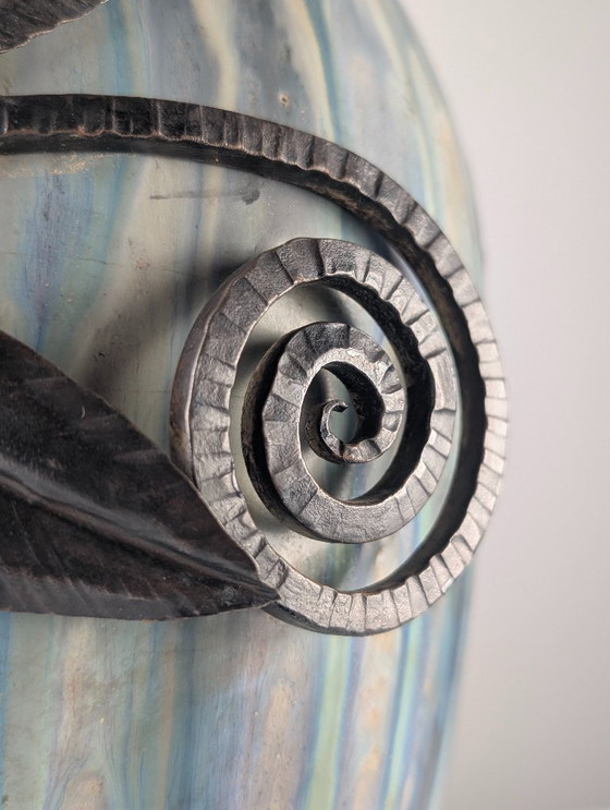 Image 1 of Vaso in gres e ferro battuto Art Déco belga Roger Guérin, anni '30