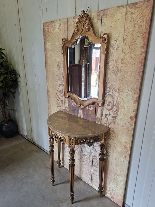 Antique Baroque wall console, side table. Hall table with mirror, dimensions: 71x38 cm and 82 cm high.