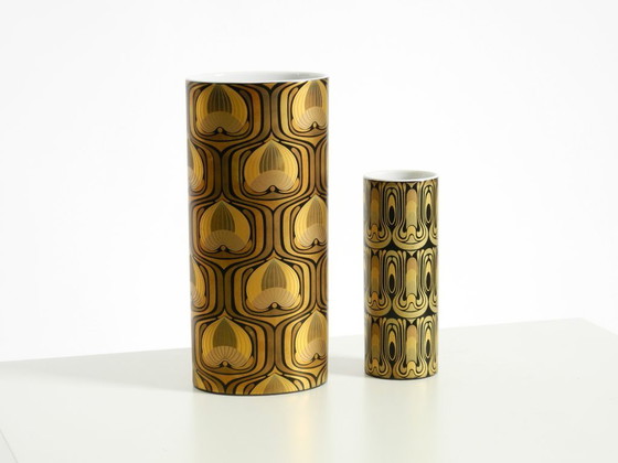Image 1 of Two beautiful 1970s porcelain vases by Björn Wiinblad for Rosenthal Studio-Linie. Abstract peacock feathers in gold and black